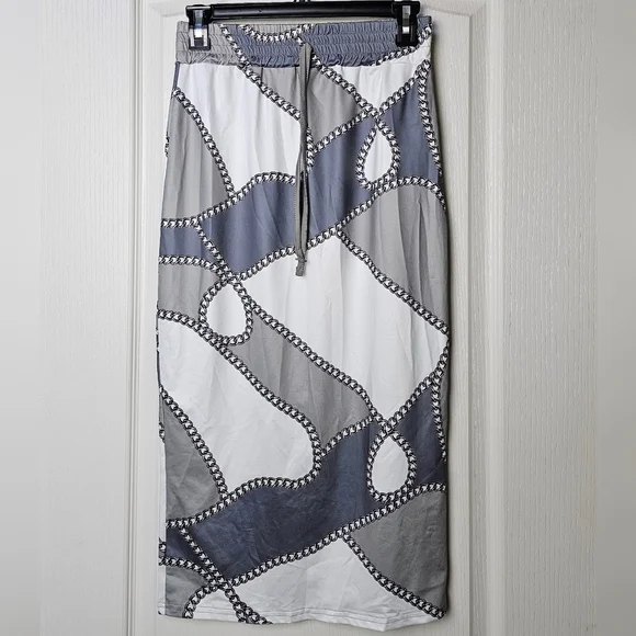 CHICME Womens 2pc Long Sleeve Top, Chain Print Color Block Skirt Sage Gray White - Picture 4 of 11